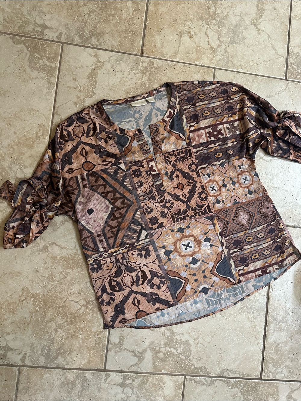 Chico's Patchwork Print V-Neck Tunic in Brown and Tan